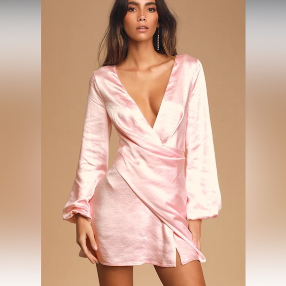 Lulus As Always Pink Satin balloon sleeve Mini Dress - Picture 3 of 10